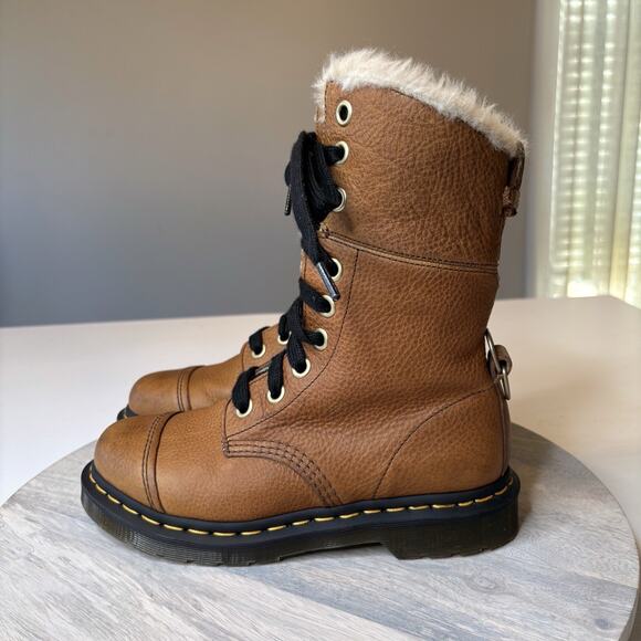 Dr. Martens Women's Aimilita Fur Lined Grizzly Brown Leather Boots US Size 7 - Picture 1 of 11